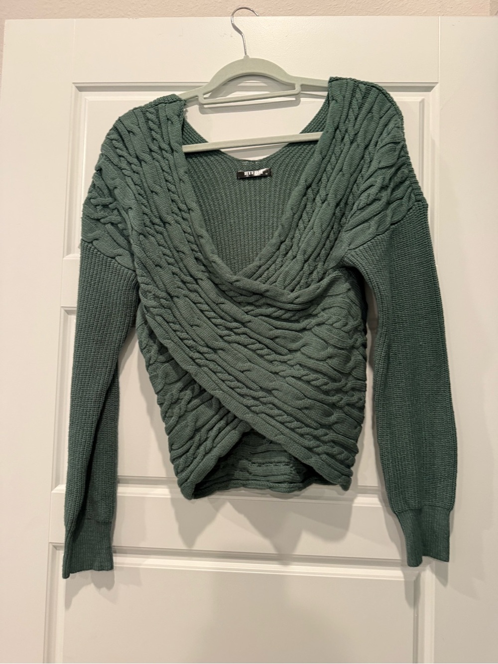 Crossover Cable-Knit V-Neck Sweater in Sage Green